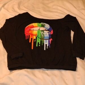 MAGICMK Women’s Lips Print Off The Shoulder Long Sleeve Sweatshirt, Size: L